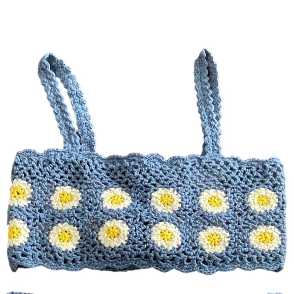 Lovers and Friends Blue Daisy Crochet Crop Top Lace Up Back Bralette‎ Medium